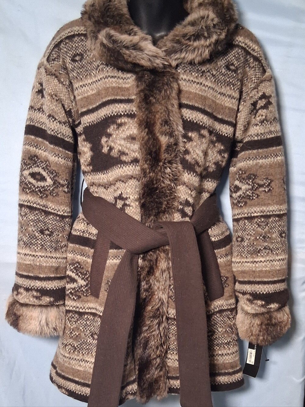 NWT Jones New York 86% Virgin Wool Southwestern Faux Fur Belted Coat XS